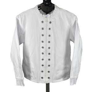 Tia Designs White Rhinestone Grommet Full Zip Mock Neck Fleece‎ Jacket Womens M
